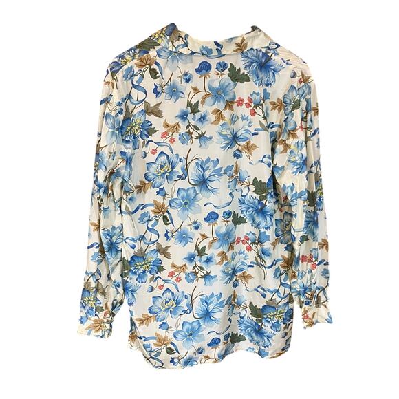 Vintage STUNT 100% Silk Floral Button Down Shirt Blue Beige Medium cottagecore - Picture 2 of 7